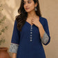 Classic Navy Straight Kurta Featuring Indigo Block Print Cuffs & Maroon Piping Detail