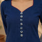Classic Navy Straight Kurta Featuring Indigo Block Print Cuffs & Maroon Piping Detail