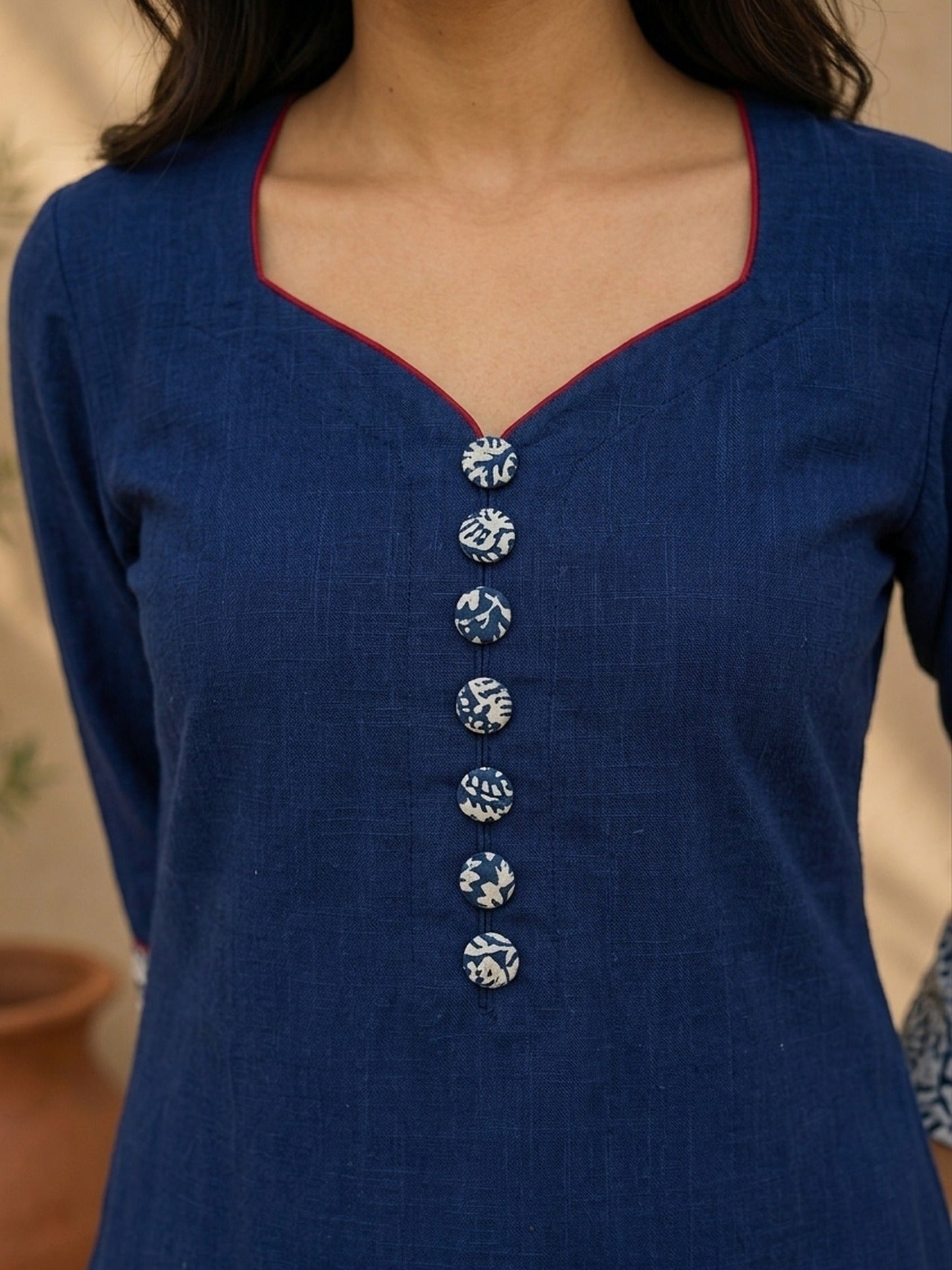 Classic Navy Straight Kurta Featuring Indigo Block Print Cuffs & Maroon Piping Detail