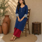 Classic Navy Straight Kurta Featuring Indigo Block Print Cuffs & Maroon Piping Detail