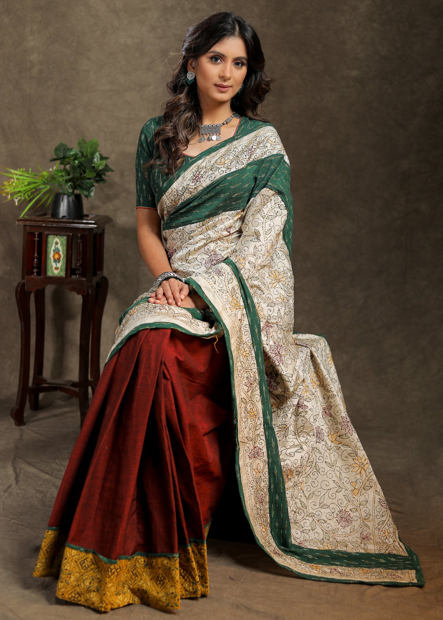 Maroon Cotton saree with exclusive Kantha work Pallu and Ajrakh border