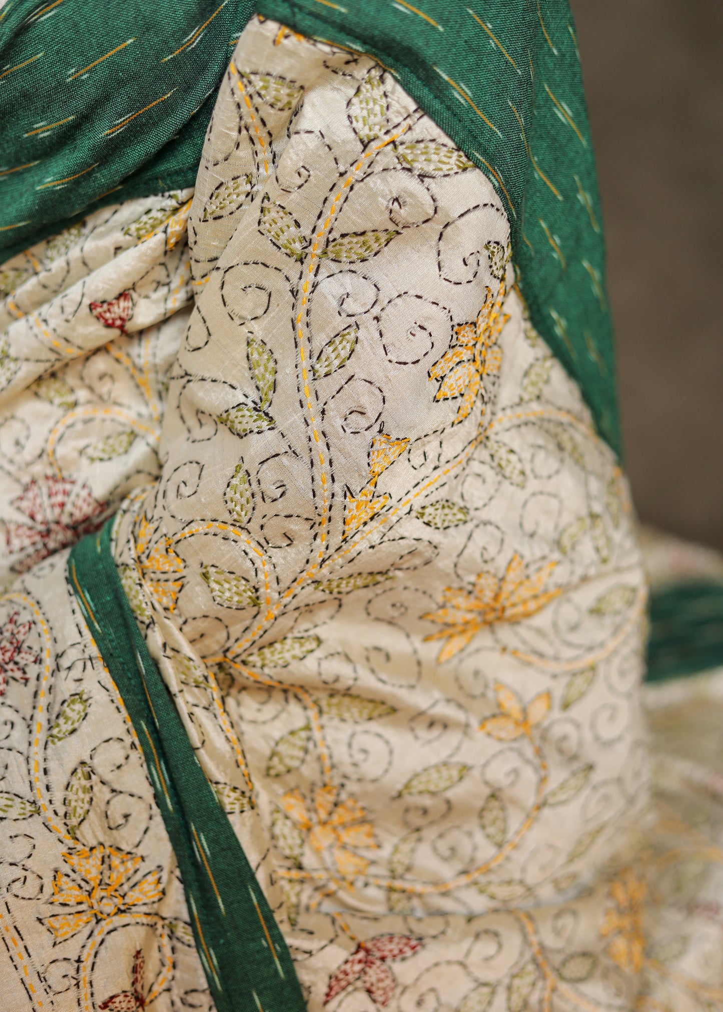 Maroon Cotton saree with exclusive Kantha work Pallu and Ajrakh border