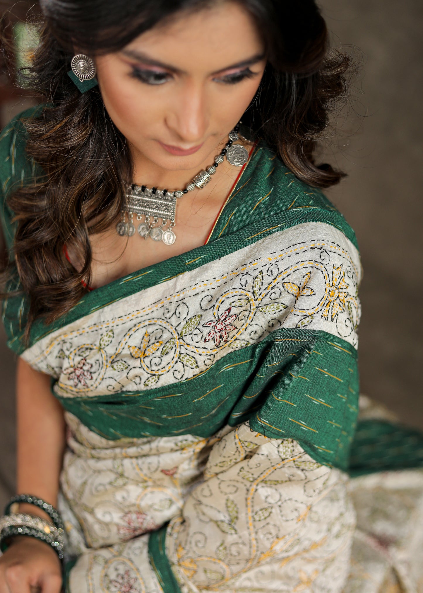 Maroon Cotton saree with exclusive Kantha work Pallu and Ajrakh border
