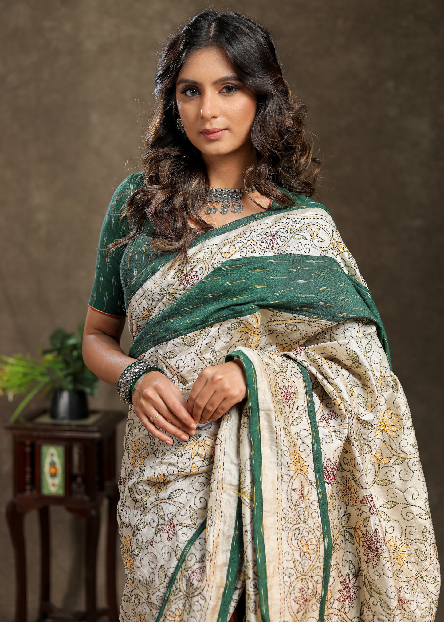 Maroon Cotton saree with exclusive Kantha work Pallu and Ajrakh border
