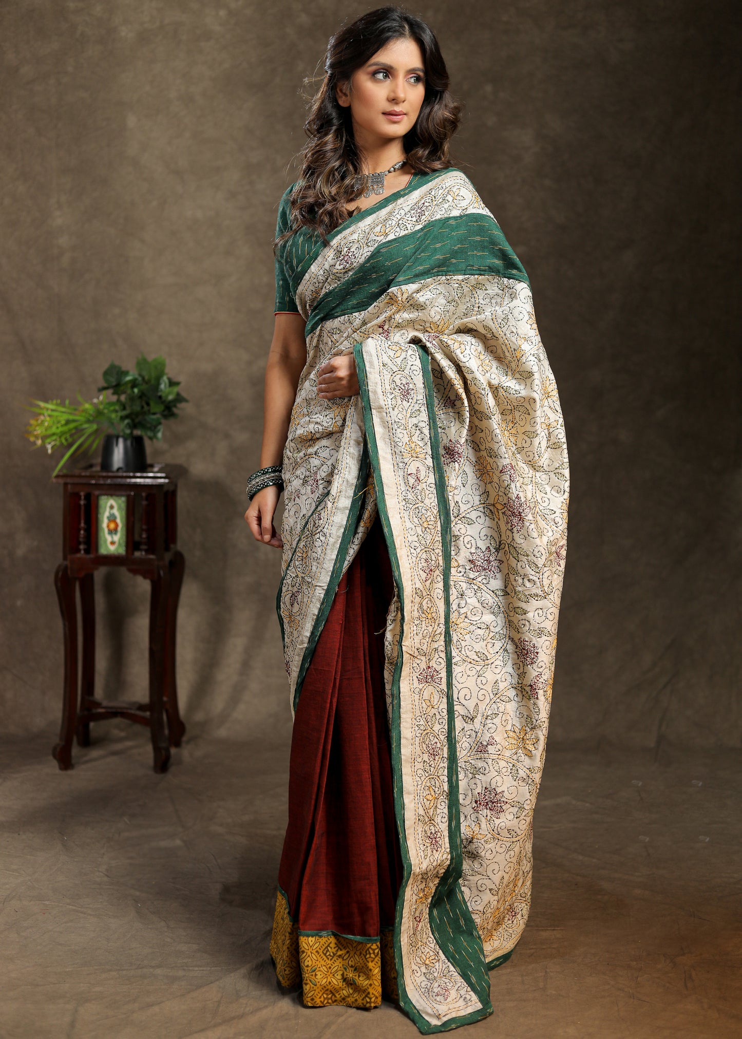 Maroon Cotton saree with exclusive Kantha work Pallu and Ajrakh border