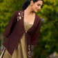 Dark Brown Silk Jacket Adorned With Exquisite Embroidery And Bell Sleeves Detailed With Shimmer Piping
