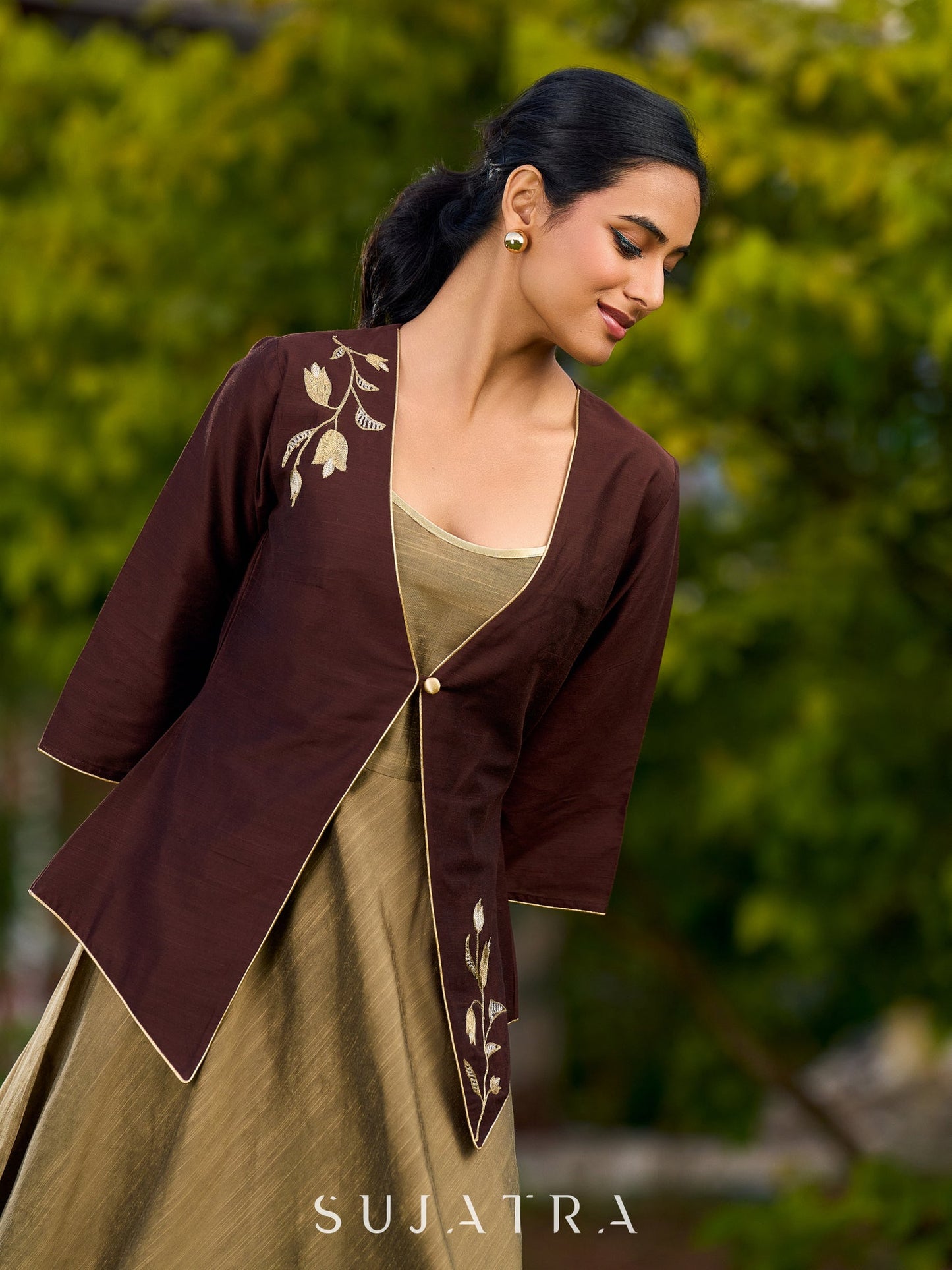 Dark Brown Silk Jacket Adorned With Exquisite Embroidery And Bell Sleeves Detailed With Shimmer Piping