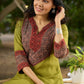 Chic Olive Green Rayon Kurta with Ajrakh Yoke and Sleeves