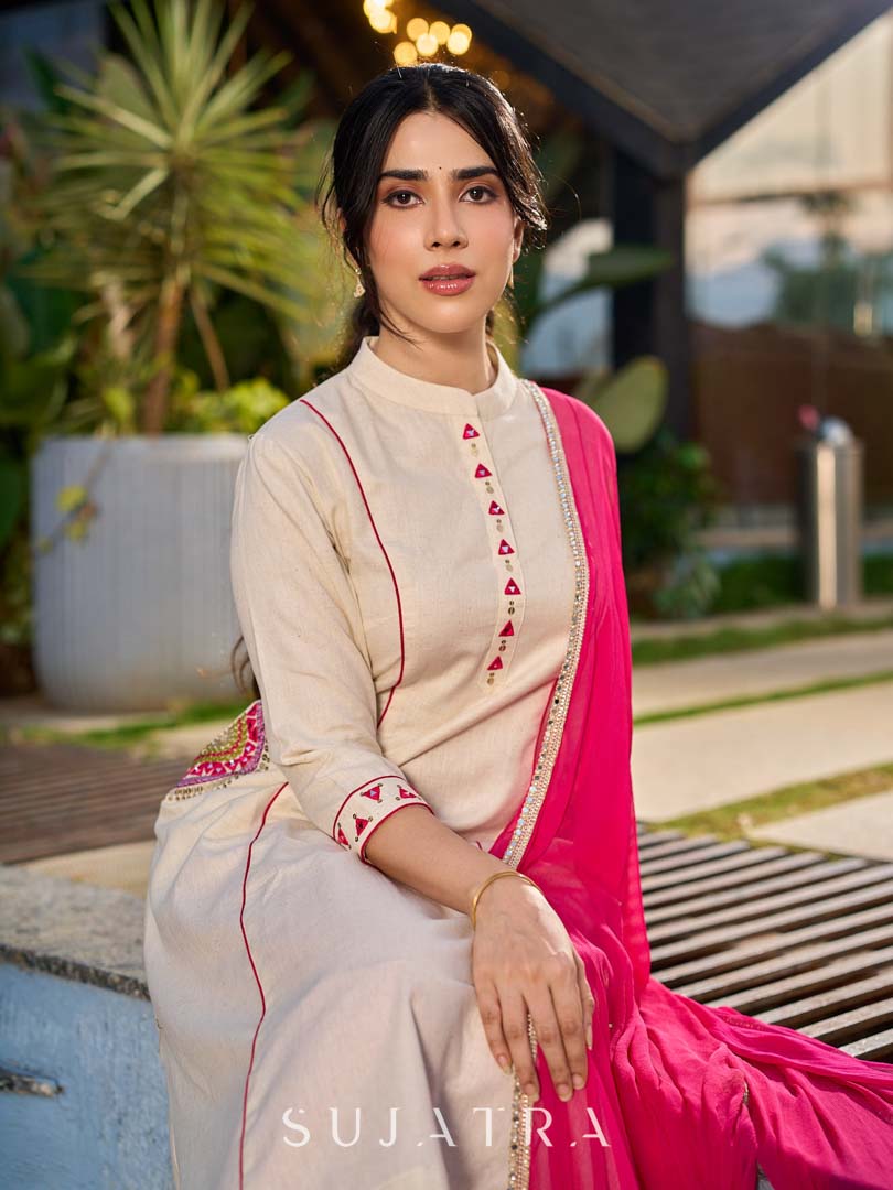 Elegant Off White Cotton A-Line Kurta with Traditional Mirror Work
