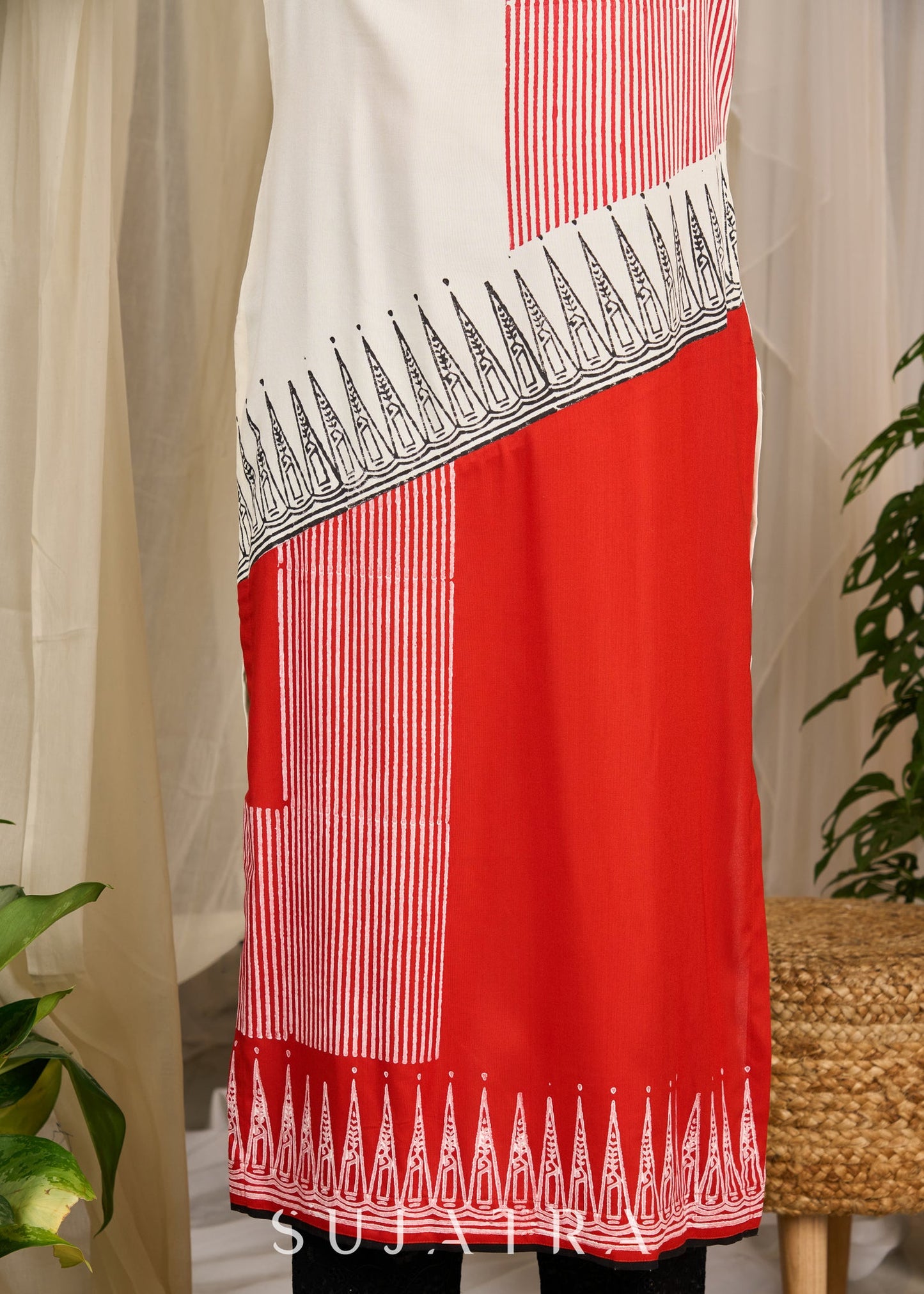 Exclusive Rayon kurta with striking fusion of bold orange & ivory hues, enhanced with intricate block prints