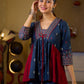 Indie Boho Printed Top with Blue & Maroon Gathered Detailing