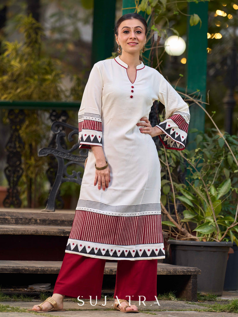 Artisan Off White Rayon Kurta with Hand Block Printed Geometric Patterns