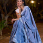 Graceful Slate Blue Cotton Saree with Delicate Floral Hand Block Print and Classic Border