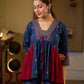 Indie Boho Printed Top with Blue & Maroon Gathered Detailing
