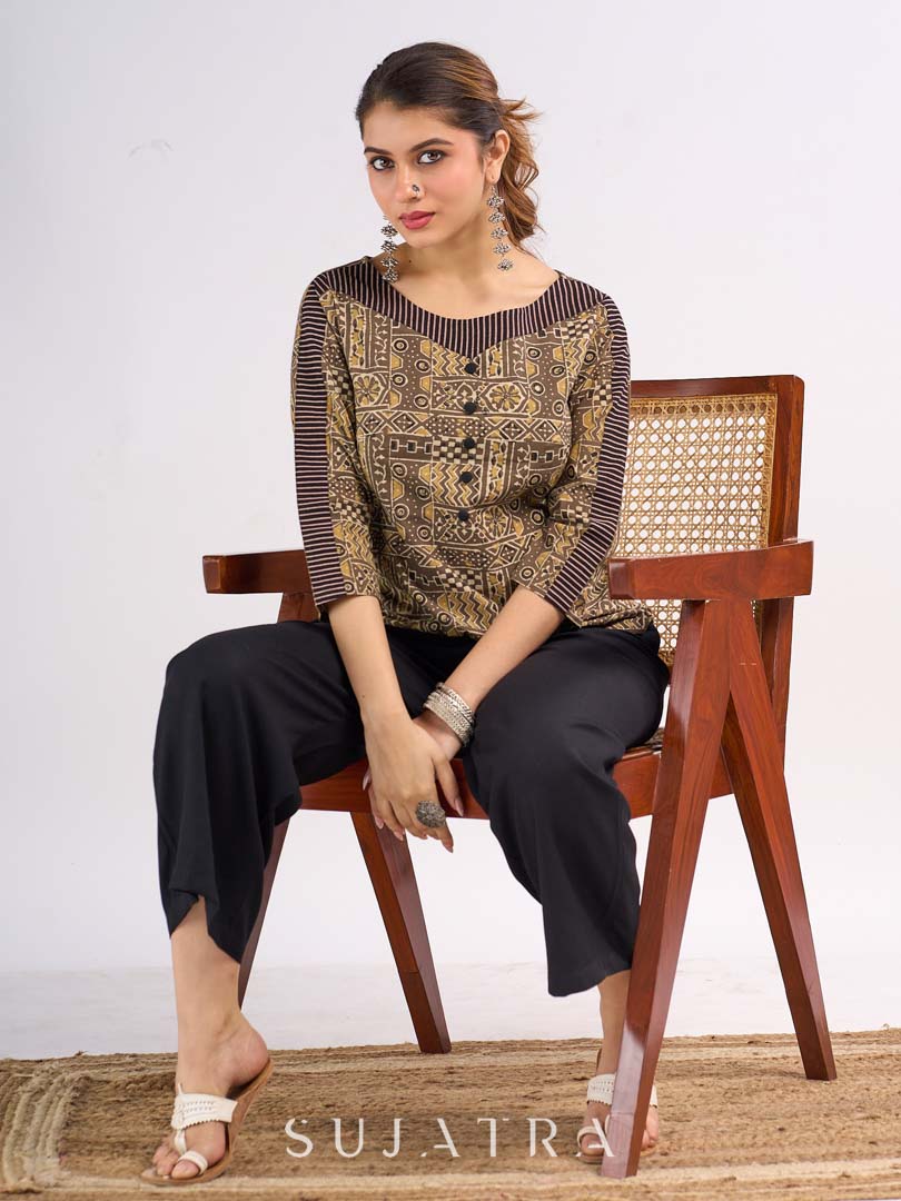 Beige Cotton Ajrakh Top with Contrast Black Stripe Detail on Sleeves and Neckline