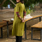 Chic Olive Green Rayon Kurta with Ajrakh Yoke and Sleeves