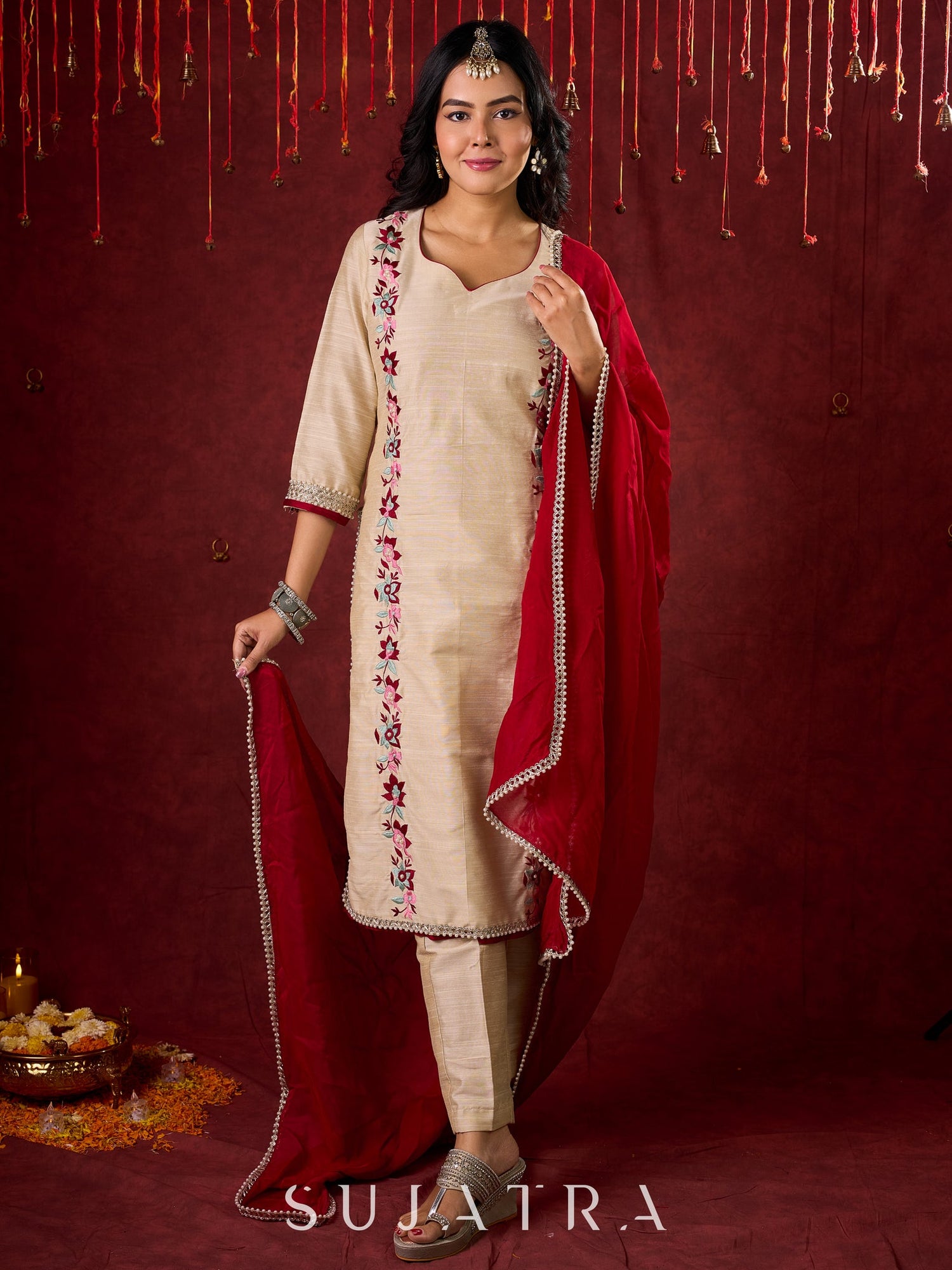 Ivory Cotton Silk Kurta with Floral Embroidery & Pearl Lace Accents