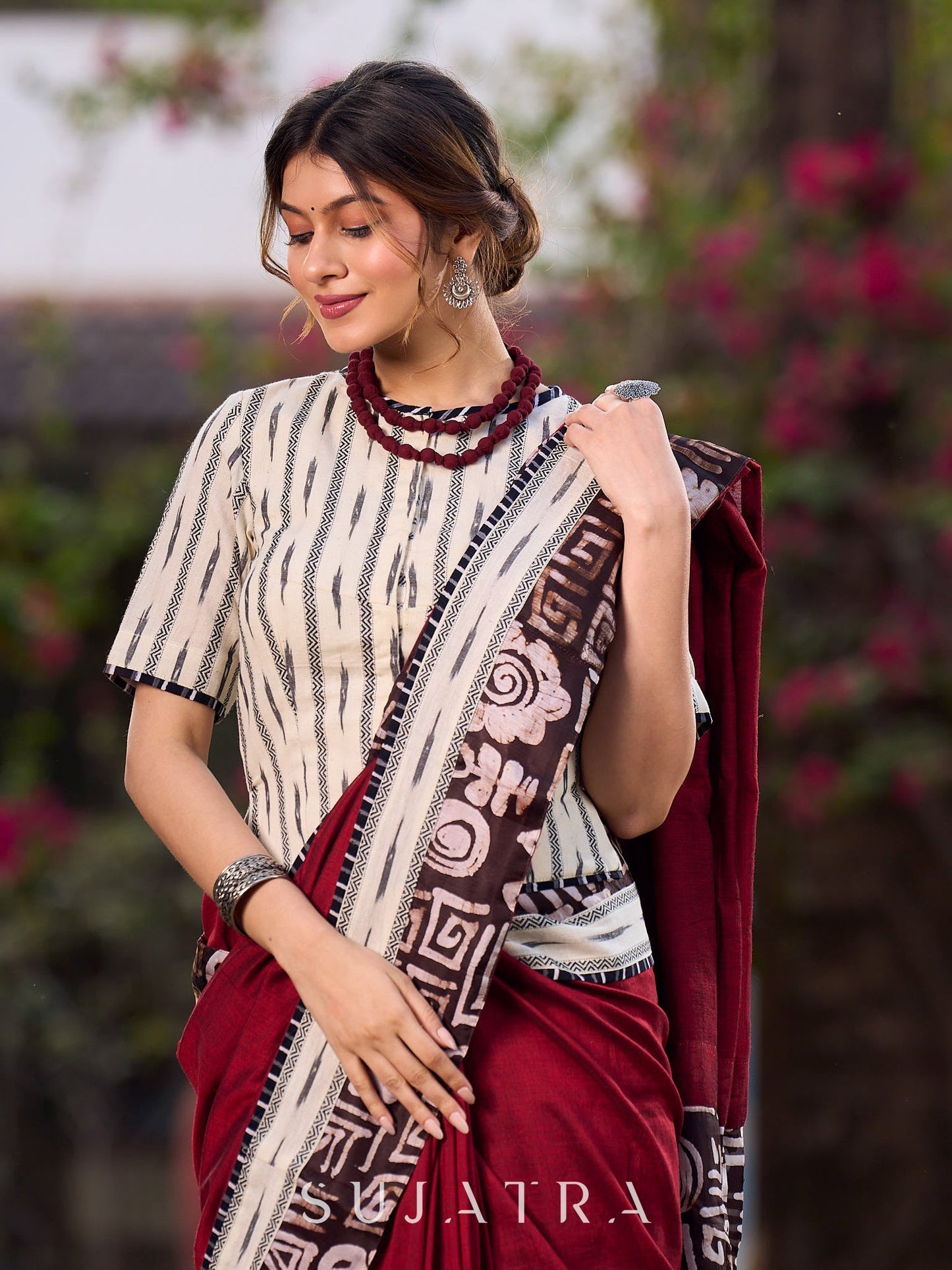 Maroon Saree Accented With Traditional Tussar Batik Print Border