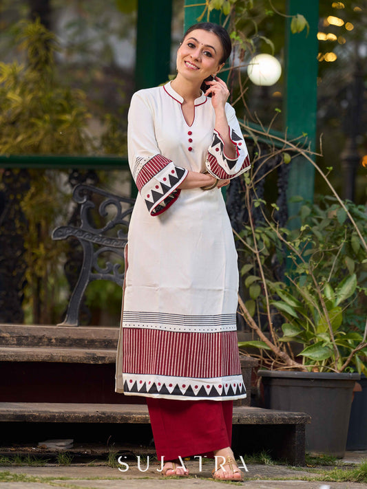 Artisan Off White Rayon Kurta with Hand Block Printed Geometric Patterns