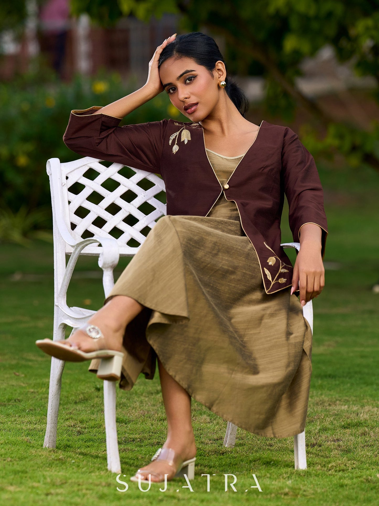 Chic Gold Silk Slip Dress Embellished with Adjustable Shimmering Straps - Jacket Optional