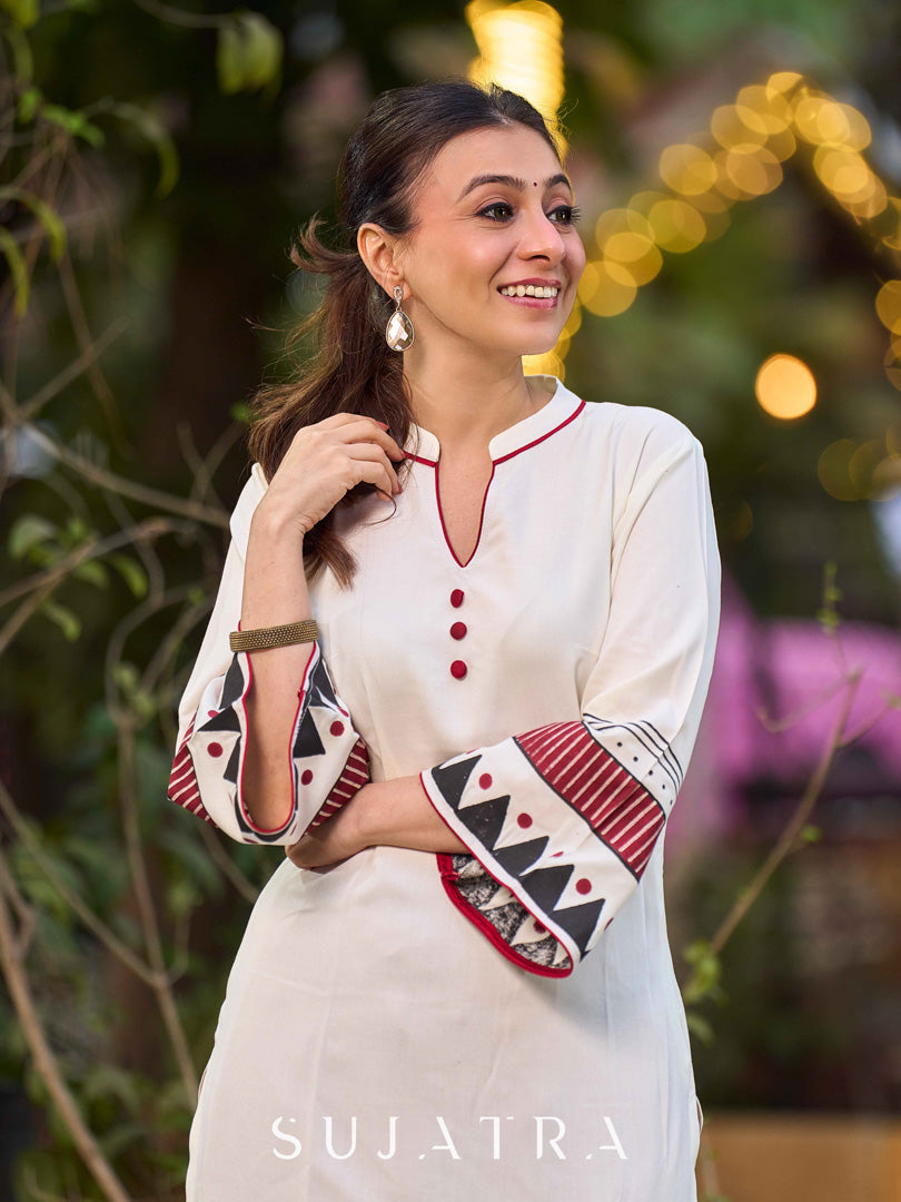 Artisan Off White Rayon Kurta with Hand Block Printed Geometric Patterns