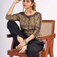 Beige Cotton Ajrakh Top with Contrast Black Stripe Detail on Sleeves and Neckline