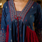 Indie Boho Printed Top with Blue & Maroon Gathered Detailing