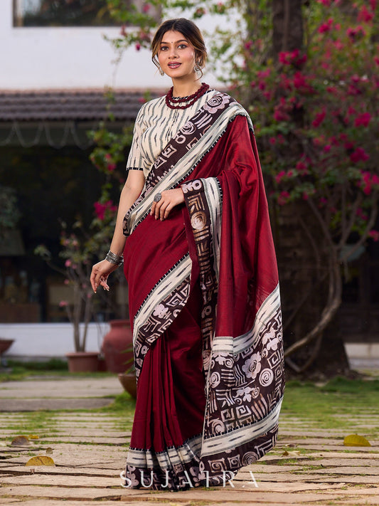 Maroon Saree Accented With Traditional Tussar Batik Print Border