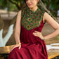 Maroon Halter Neck Kurta with Structured Pleats and Ajrakh Yoke