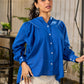 Elegant Blue Cotton Statement Shirt with Minimal Kantha Embroidery