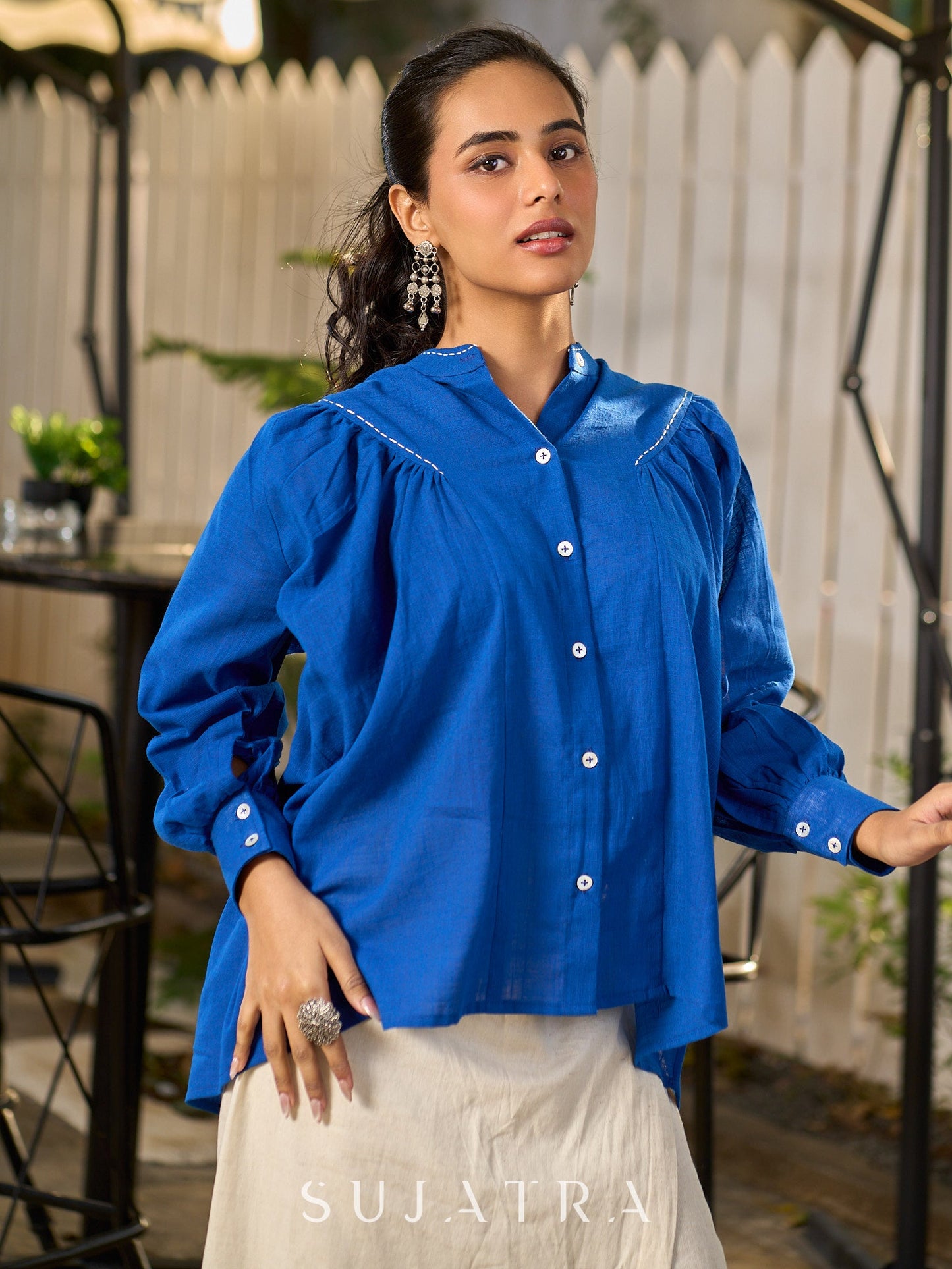 Elegant Blue Cotton Statement Shirt with Minimal Kantha Embroidery
