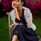Graceful Black Rayon Pleated Dress with Script Art and Painted Hemline