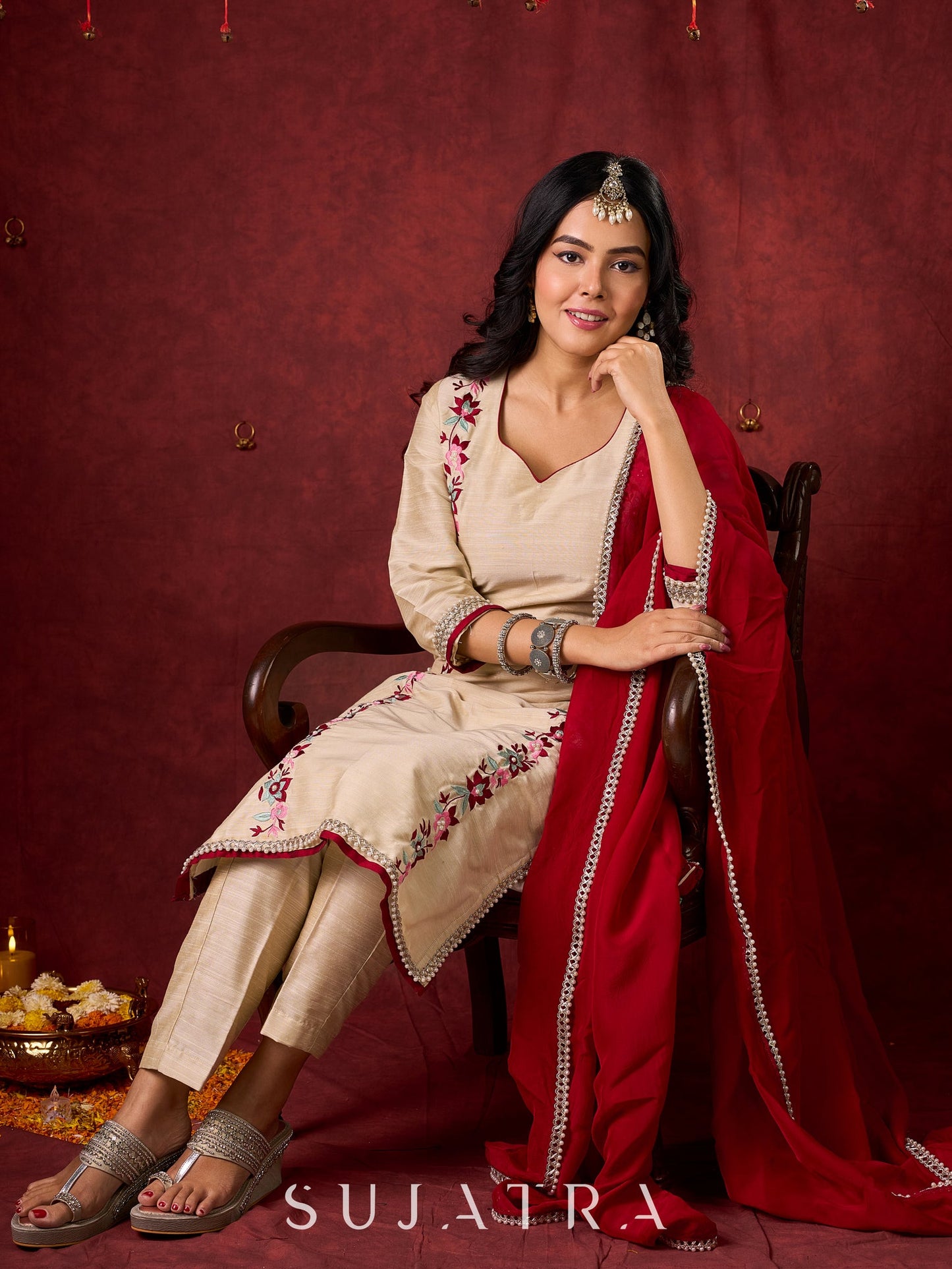 Ivory Cotton Silk Kurta with Floral Embroidery & Pearl Lace Accents