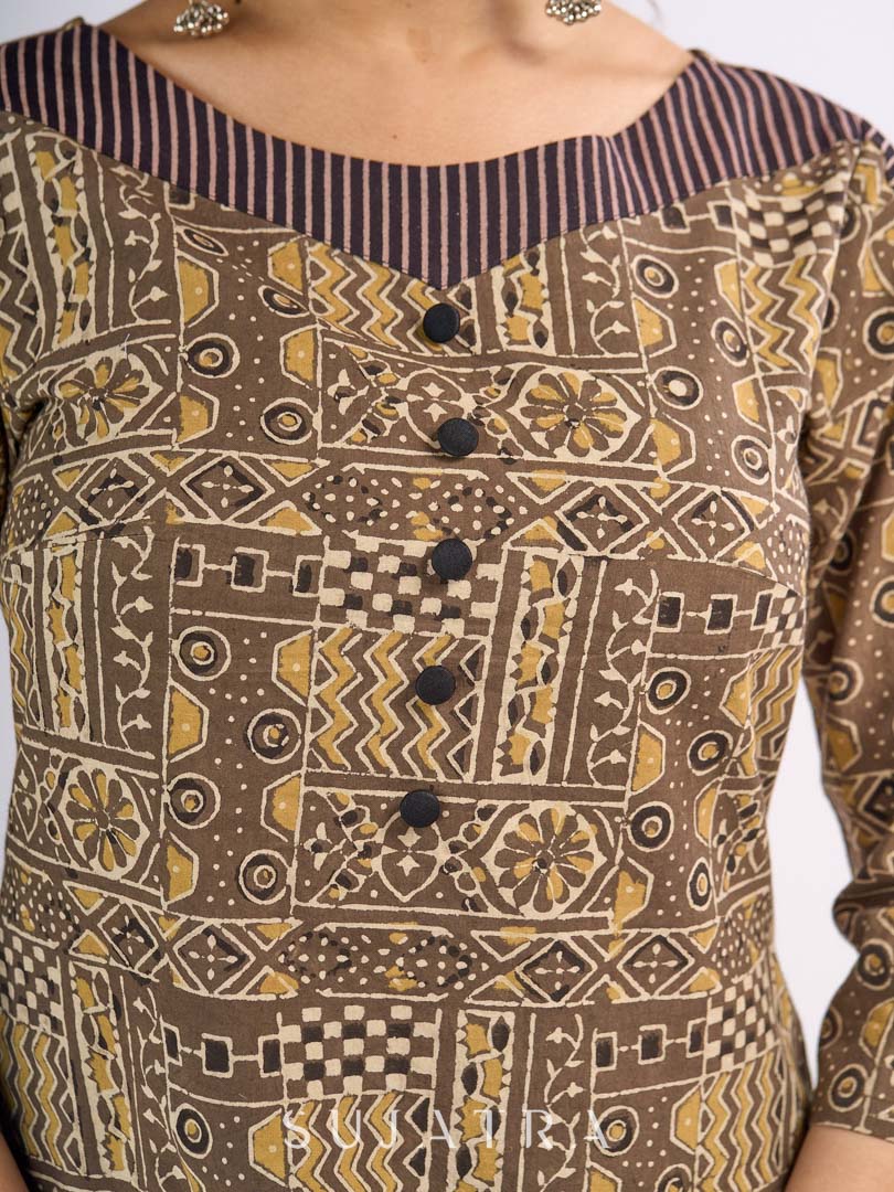 Beige Cotton Ajrakh Top with Contrast Black Stripe Detail on Sleeves and Neckline
