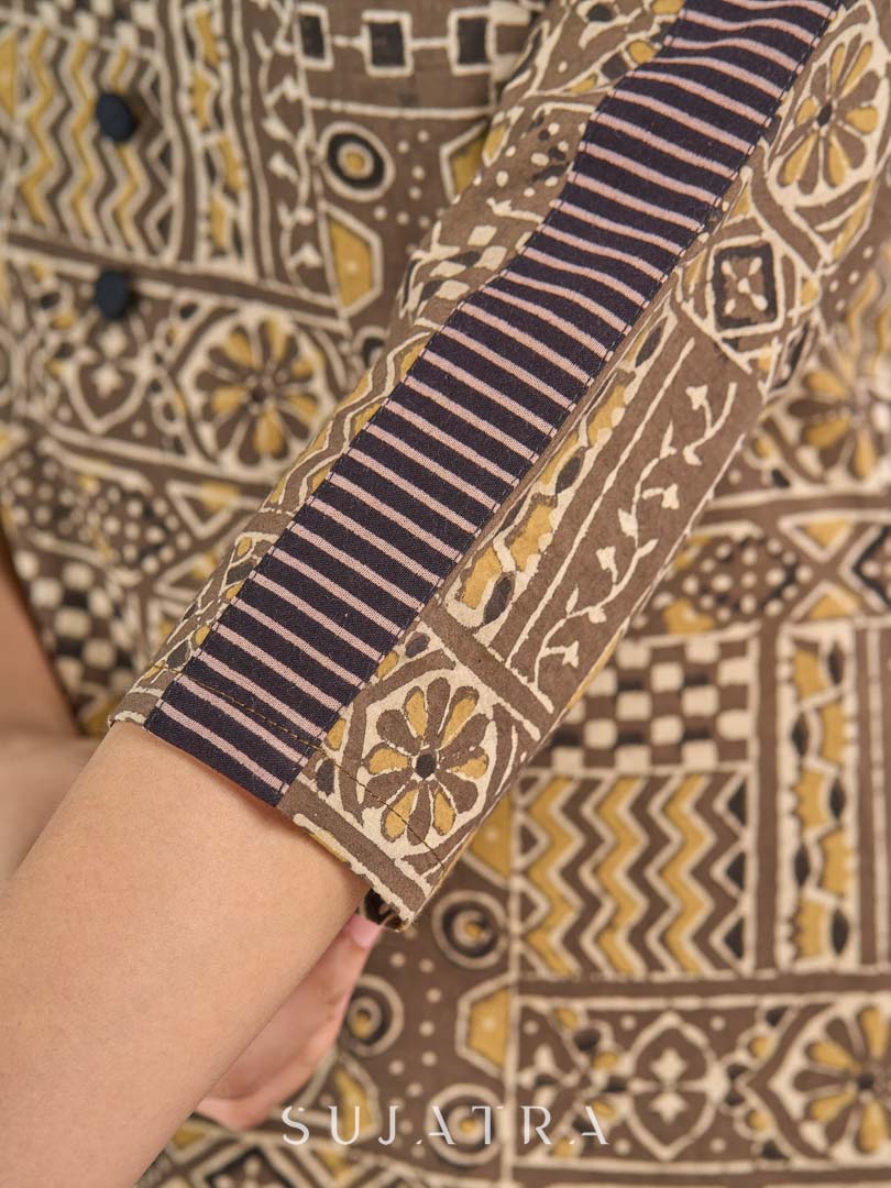 Beige Cotton Ajrakh Top with Contrast Black Stripe Detail on Sleeves and Neckline