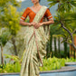Enchanting Sage Green Saree with All-Over Foil Floral Print & Golden-Orange Trim Detail with Hand Embroidered Pallu