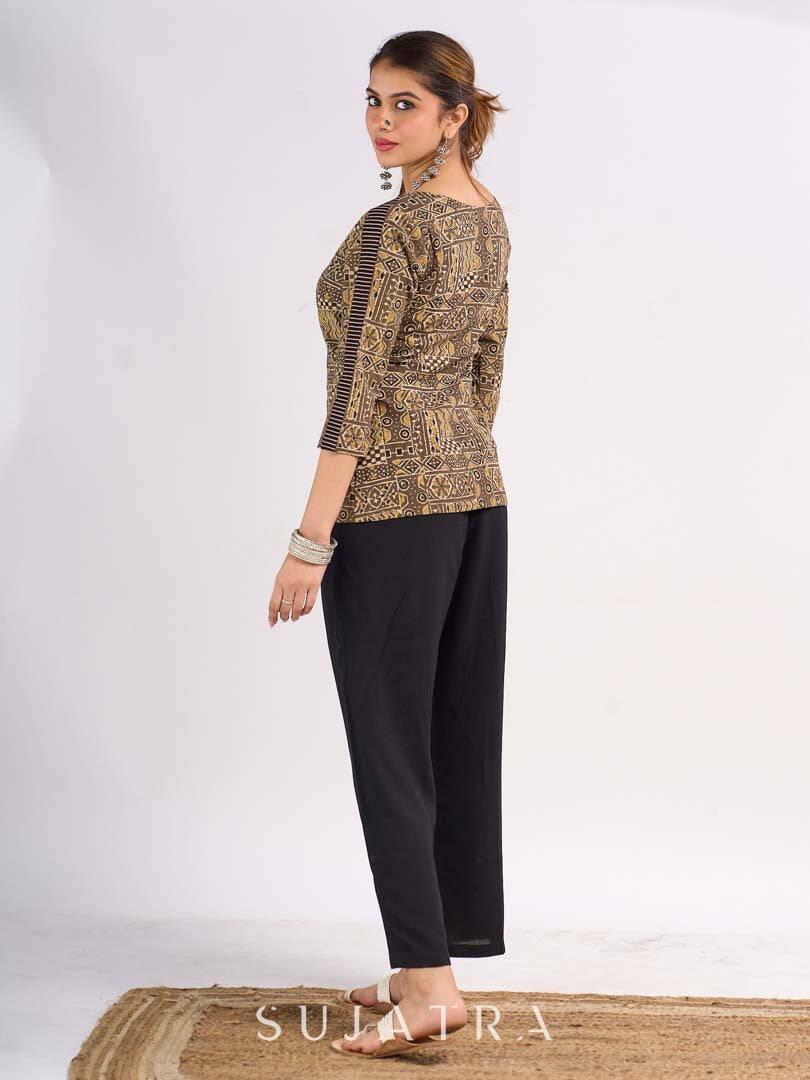 Beige Cotton Ajrakh Top with Contrast Black Stripe Detail on Sleeves and Neckline