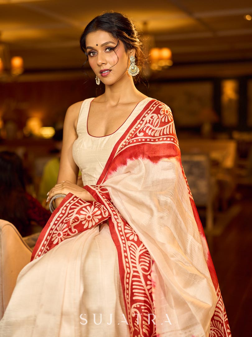 Handcrafted Ivory Pure Silk Saree with Red Kalamkari Print & Ombre Effect