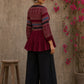 Bold and playful maroon hand block print peplum top with beige geometric motifs and subtle blue accents for effortlessly chic everyday style.