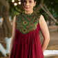 Maroon Halter Neck Kurta with Structured Pleats and Ajrakh Yoke