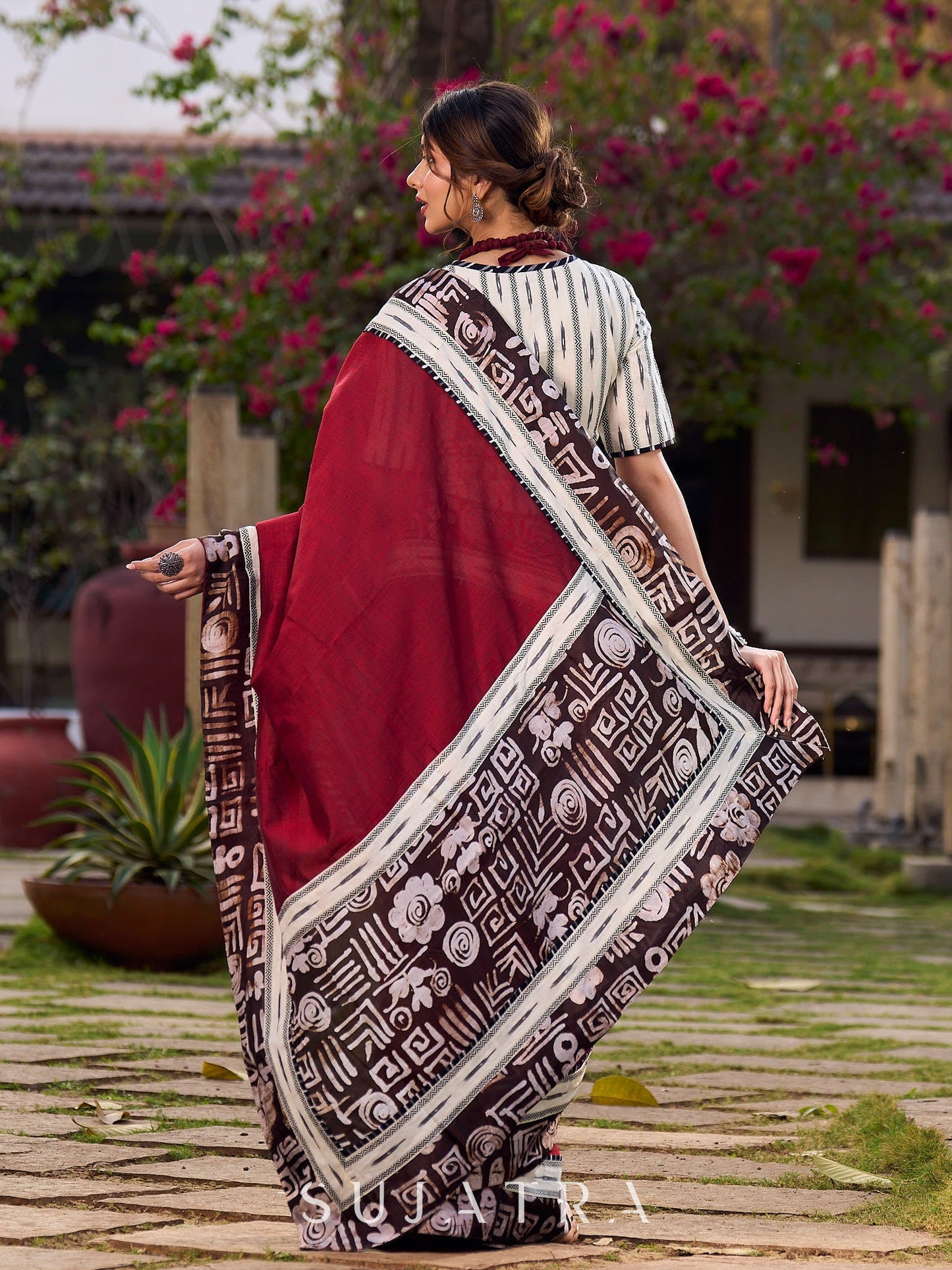 Maroon Saree Accented With Traditional Tussar Batik Print Border