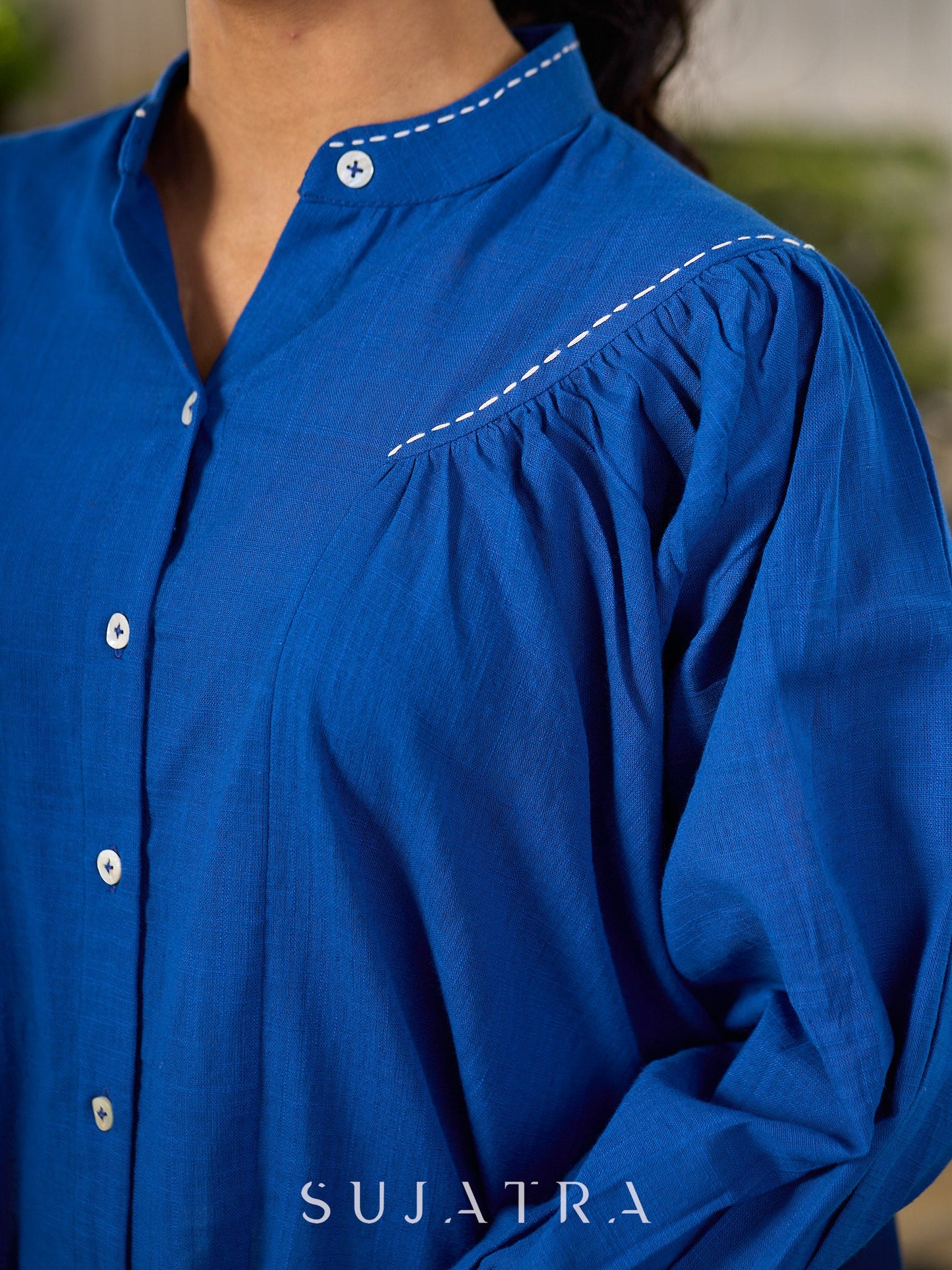 Elegant Blue Cotton Statement Shirt with Minimal Kantha Embroidery