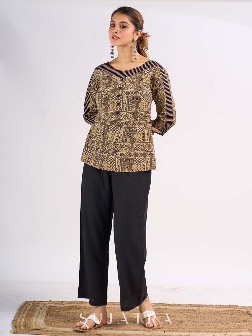 Beige Cotton Ajrakh Top with Contrast Black Stripe Detail on Sleeves and Neckline