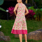 Soft Ivory Floral Cotton Dress With Magenta Panel And Front Button Placket