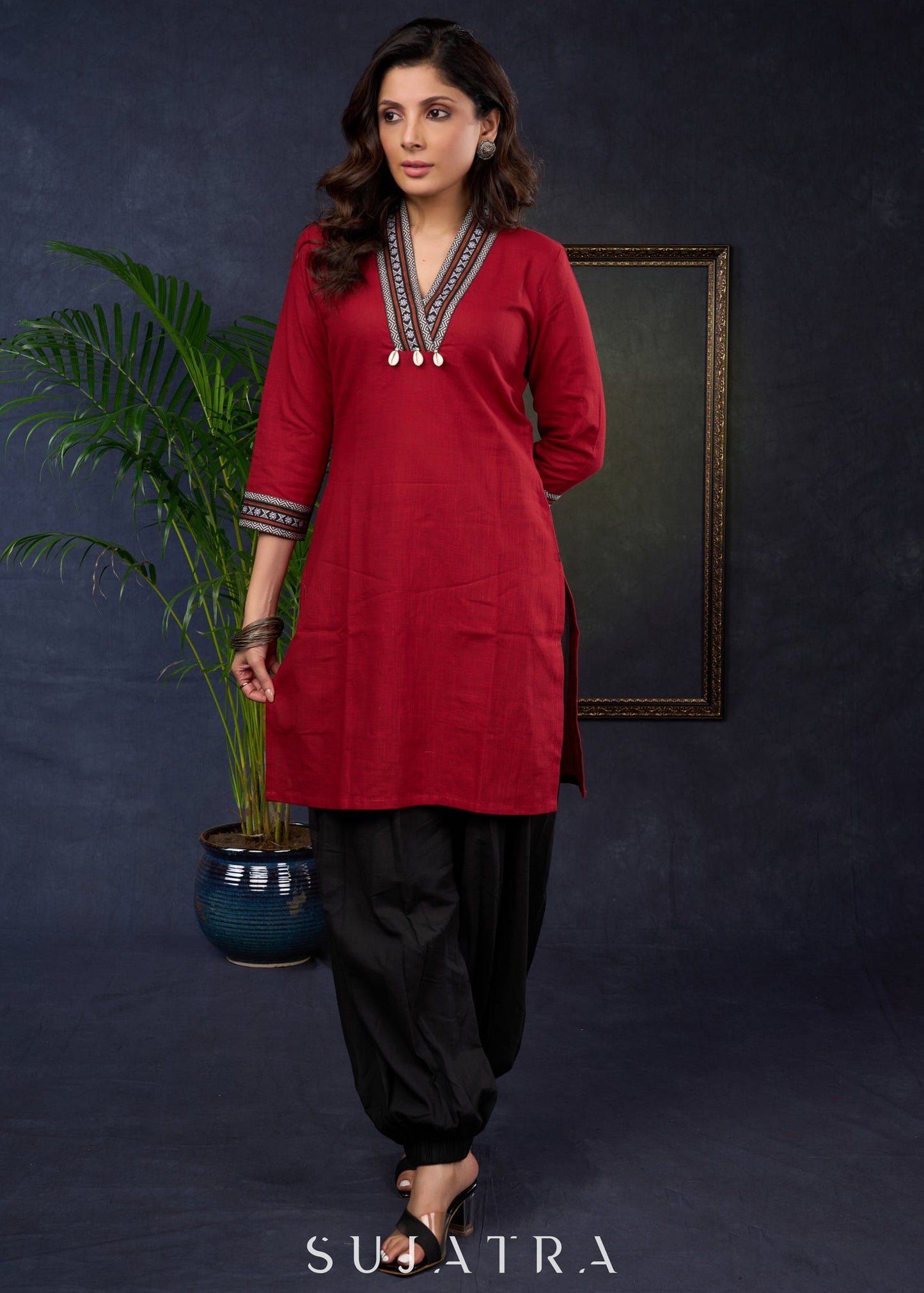Maroon Cotton Tunic With Ikat Patterns And A Stylish Collars - Pant Optional