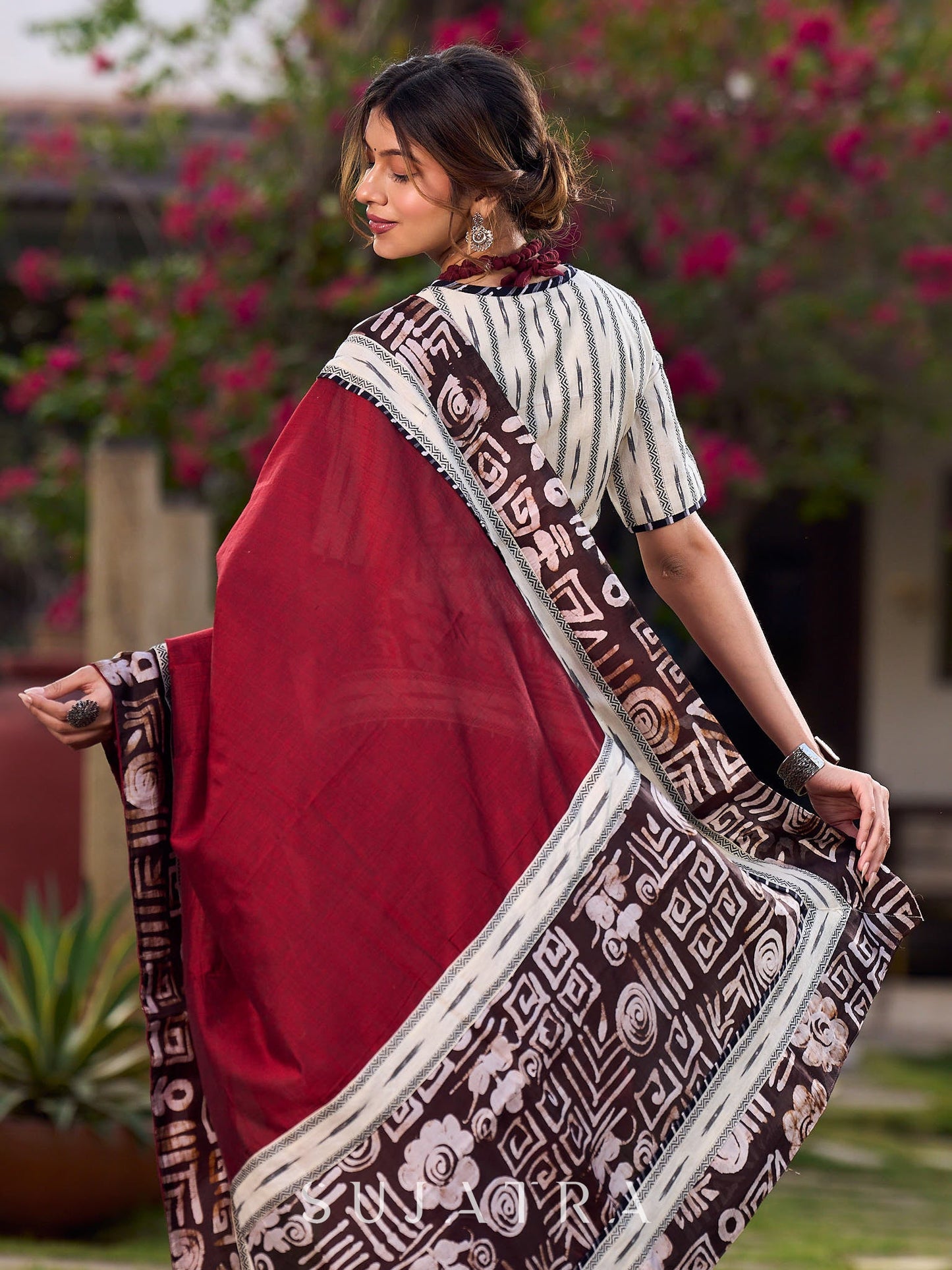 Maroon Saree Accented With Traditional Tussar Batik Print Border