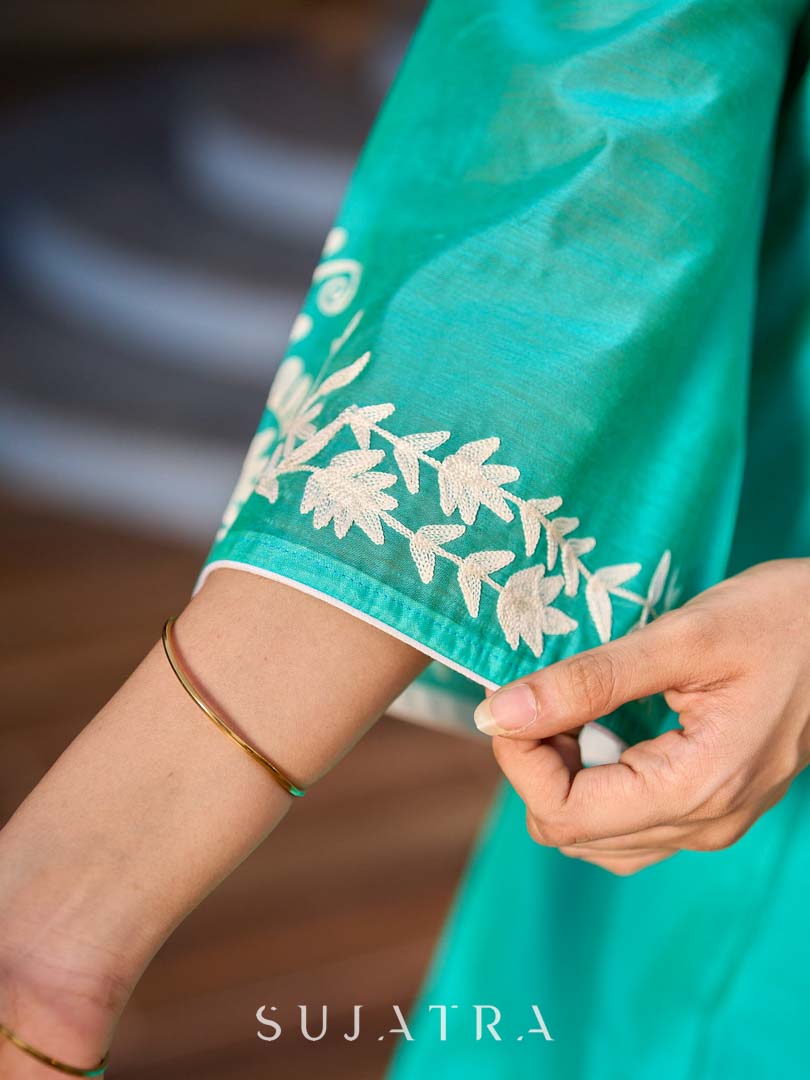 Exquisite Aqua Blue Chanderi Kurta with Intricate Kashida Embroidery