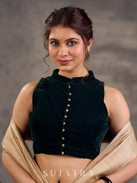 Emerald Green Velvet Sleeveless Collared Blouse with Gold Button Detailing