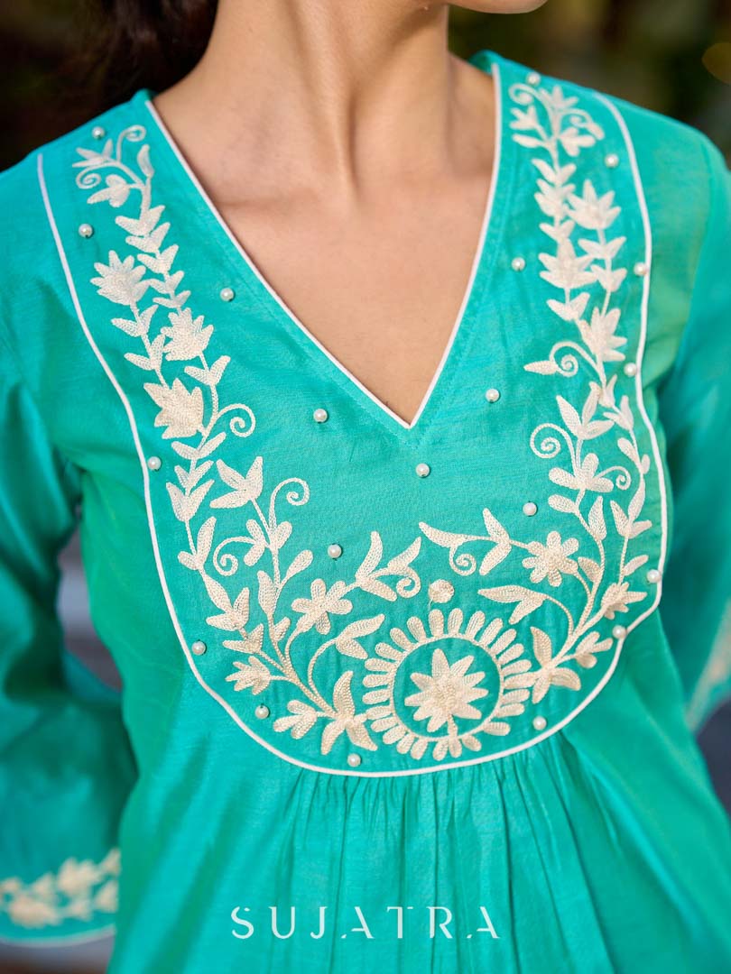 Exquisite Aqua Blue Chanderi Kurta with Intricate Kashida Embroidery