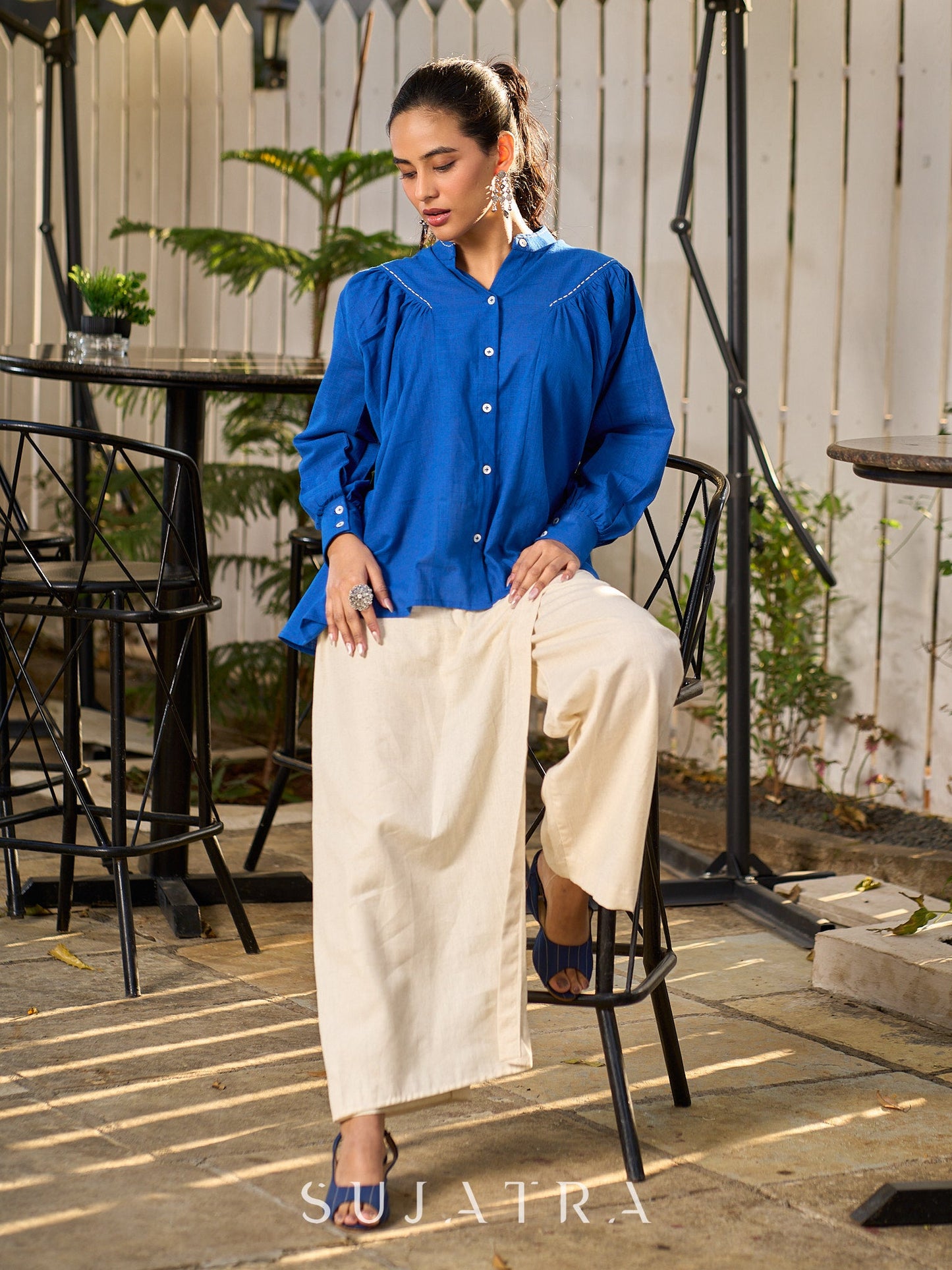 Elegant Blue Cotton Statement Shirt with Minimal Kantha Embroidery